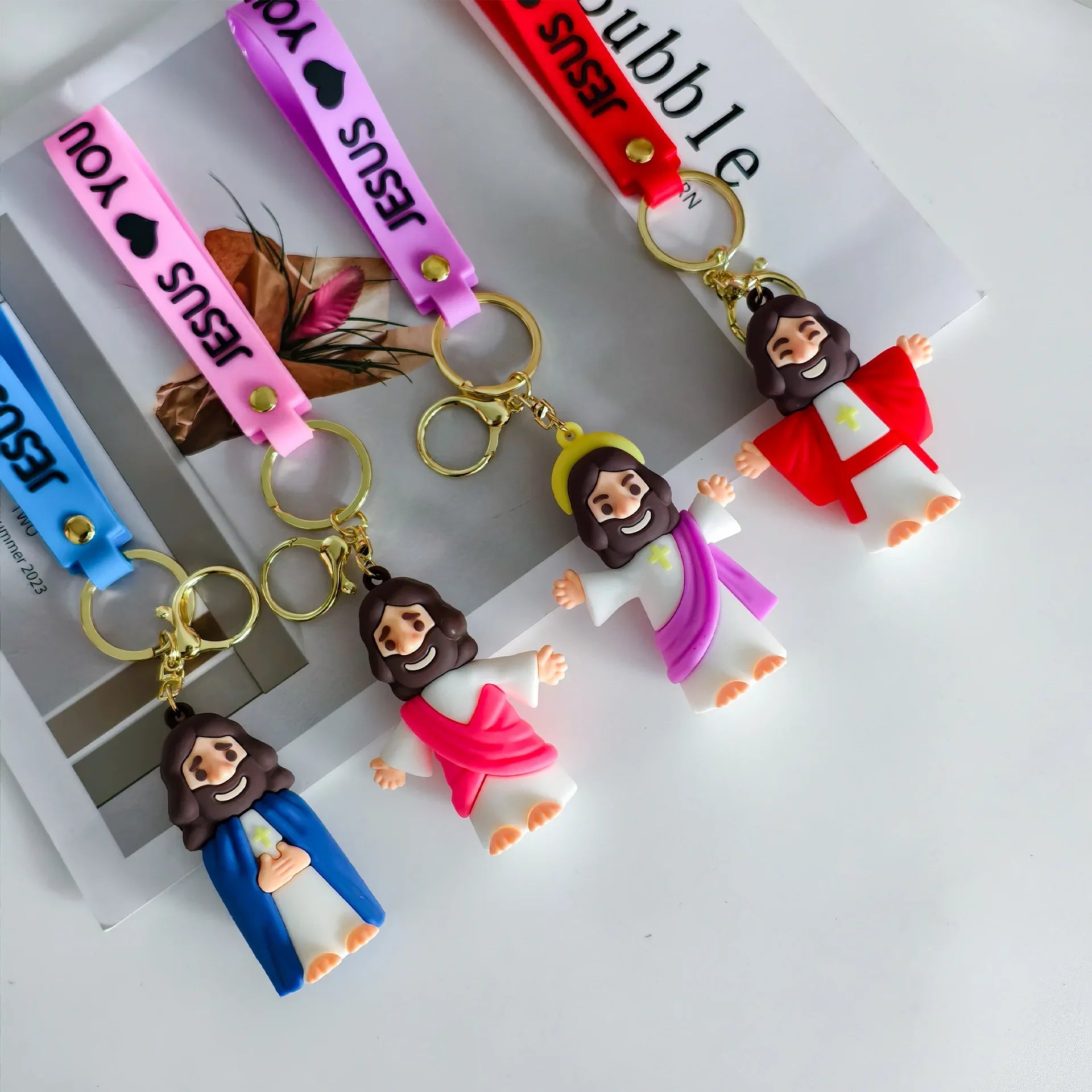 Jesus Cartoon Keychains - Cute Silicone Religious Key Rings with Colorful Straps, Christian Themed Bag/Key Accessories