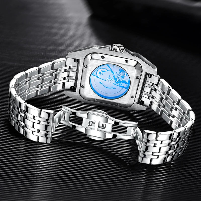 New Genuine High-Quality Square Men's Mechanical Watch, Automatic Winding, Skeleton Design, Stainless Steel Strap, with Calendar Display, European and American Style Tank Series, Fashionable Business Casual Stylish Handsome S