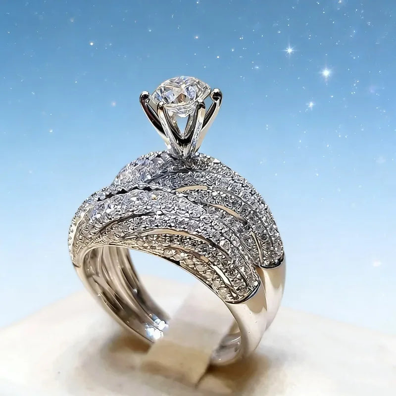 Elegant Silver Color Hip Hop Ring for Women Luxurious Inlaid White Zircon Stones Wedding Rings Set Bridal Engagement Jewelry