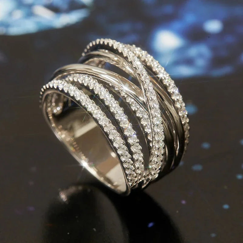 Huitan Silver Color Multi-cross Design Rings for Women Full AA Cubic Zirconia Modern Fashion Female Rings Wedding Party Jewelry