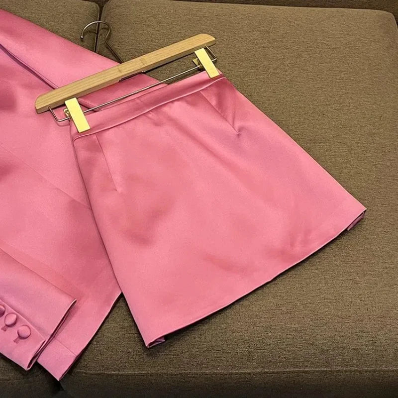 Pink Satin Slim Fit Blazer Hip-covering Skirt Fashionable Commuting Two-piece Set