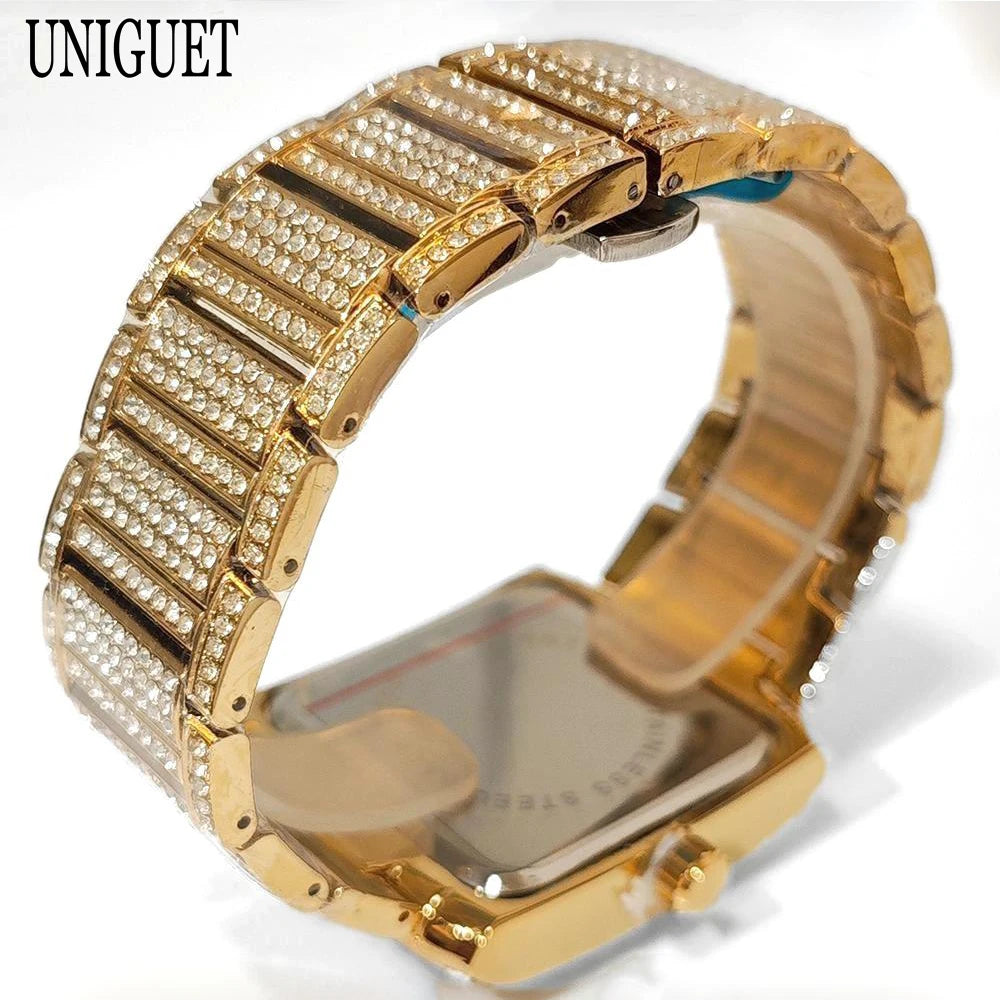 UNIGUET Iced Out Watch For Men Luxury Gold Stainless Steel Quartz Watches Hip Hop Full Diamonds Rectangle AAA Wristwatch Man