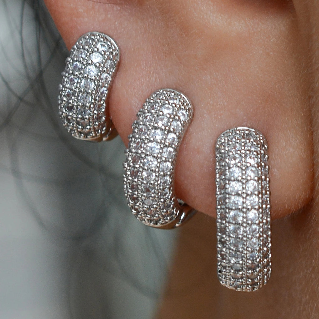 Fashion Silver Color Round Huggies Hoop Earrings for Women 4 Row Crystal Cubic Zirconia Statement Female Earrings Trends Jewelry