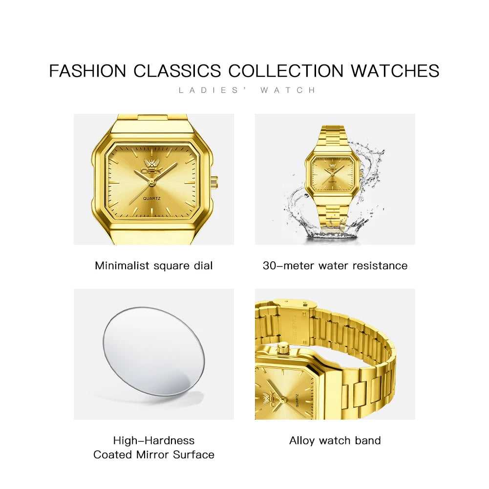 OPK 6080 Classic Fashion Ladies Quartz Watch Retro Square Dial Adjustable Strap Stainless Steel 30m Waterproof Watch For Women