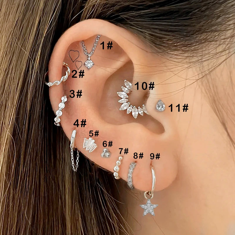 Crystal Waterdrop Piercing Earrings 1pc Tragus Flat Cartilage Ear Stud Helix Conch Rook Lobe Ear Ring Labret Jewelry Gifts CC092