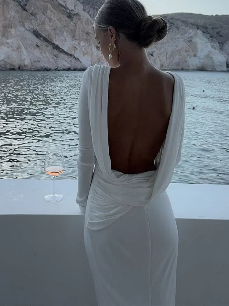 Chic Backless White Long Sleeved Slim Fit Dress for Women Pleated Elegant Round Neck Long Dresses 2024 New Female Evening Gowns