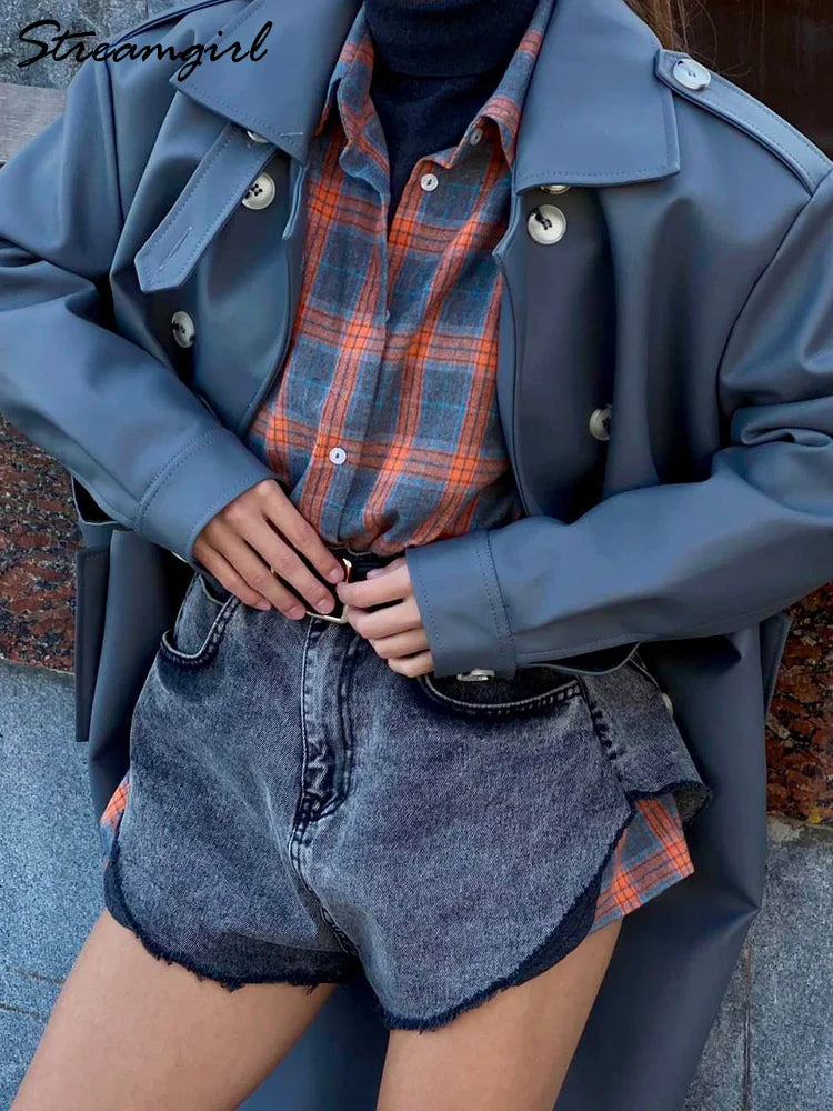 Streamgirl Oversized Plaid Shirt Women 2026 Spring Loose Vintage Long Shirts Full Sleeve Women Plaid Brown Oversized Shirt Blue