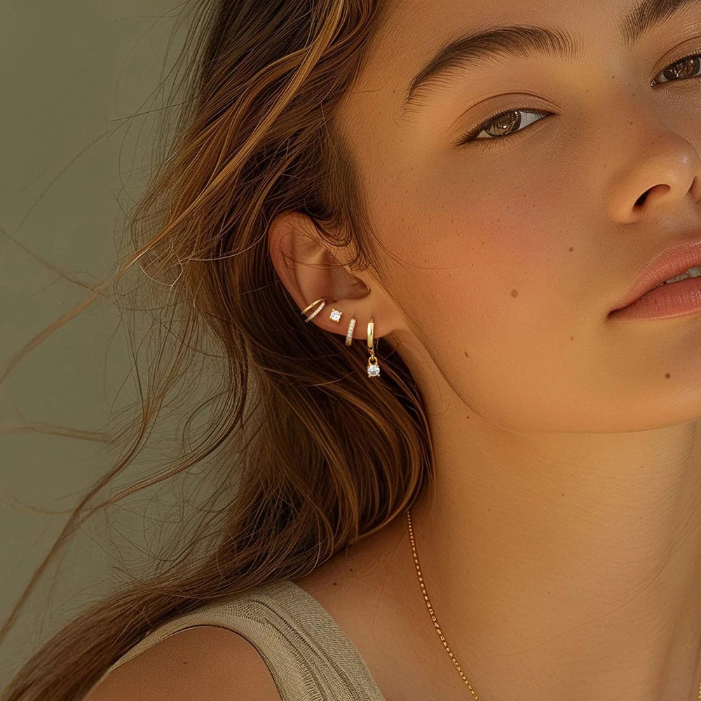 4PCS Trendy Gold Color Huggie Hoop Earrings Set for Women Tiny CZ Ear Cuff Studs Hypoallergenic Cartilage Piercing Jewelry