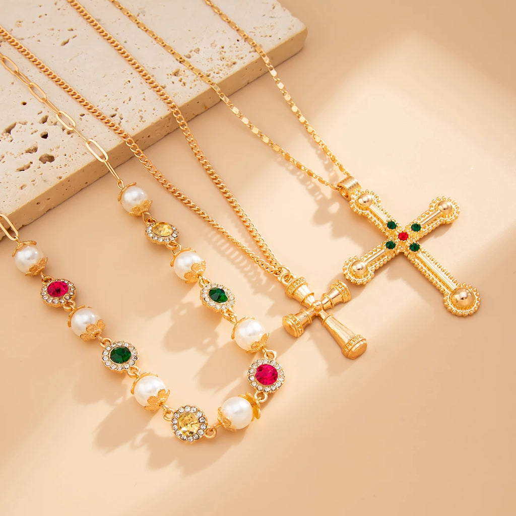 Ingemark 3Pcs/Set Colorful Acrylic Rhinestone Jesus Cross Pendant Necklace Men 2025 New Creative Hip Hop Unisex Y2K Jewelry Gift