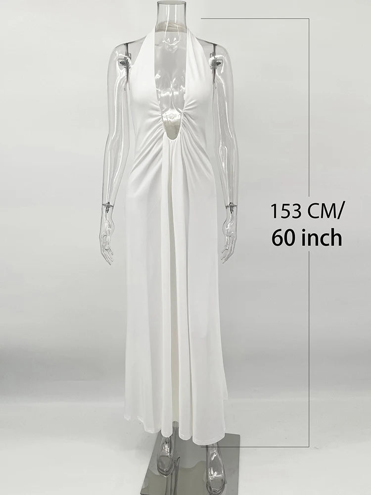 Deep V Neck Halter Long Dress Female Elegant Ruched Ribbon Splice Summer New Vacation Dress Sexy Slim Sleeveless Party Vestido