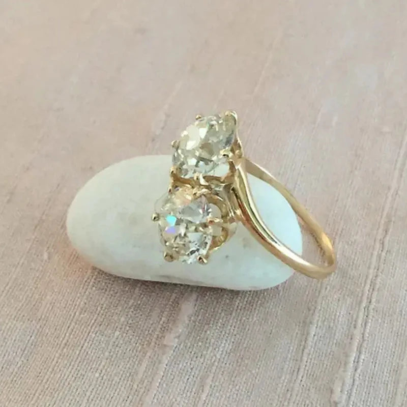 Huitan Double Round Cubic Zirconia New Rings for Women Fashion Wedding Accessories Luxury Gold Color Temperament Female Jewelry