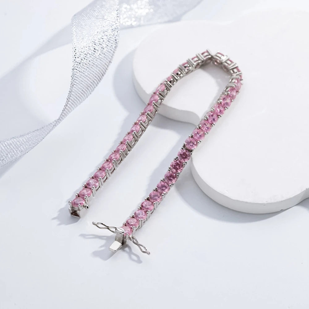 Wong Rain Solid 925 Sterling Silver 5MM Lab Pink Sapphire High Carbon Diamonds Gemstone Tennis Chain Bracelets Fine Jewelry