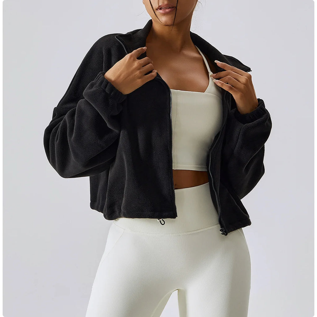 Women's Polar Fleece Zip Hoodie Athletic Loose Fit Crop Top w/ Stand Collar, Thumb Holes & Drawstring Hem for Fall Winter