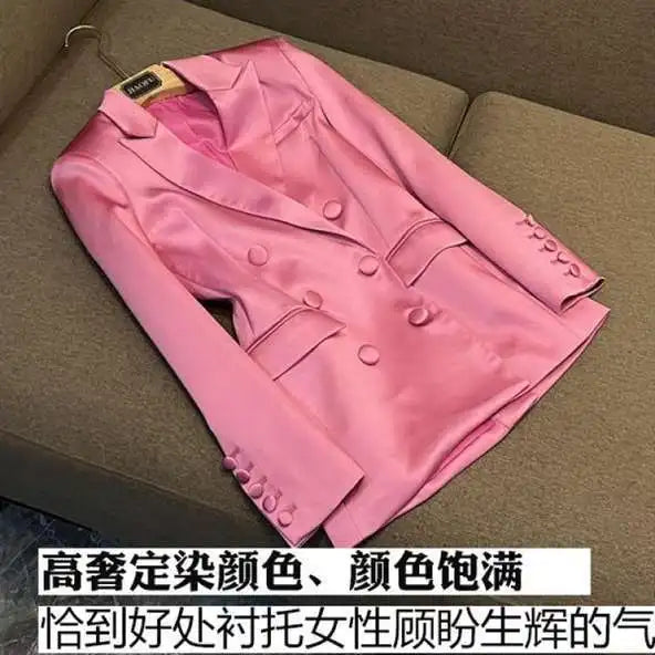 Pink Satin Slim Fit Blazer Hip-covering Skirt Fashionable Commuting Two-piece Set