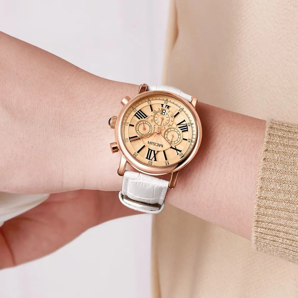 MEGIR Women Watches Luxury Quartz Chronograph Leather Strap Ladies Sports Wristwatch Female Dress Clock 24-hour Reloj Mujer 2058