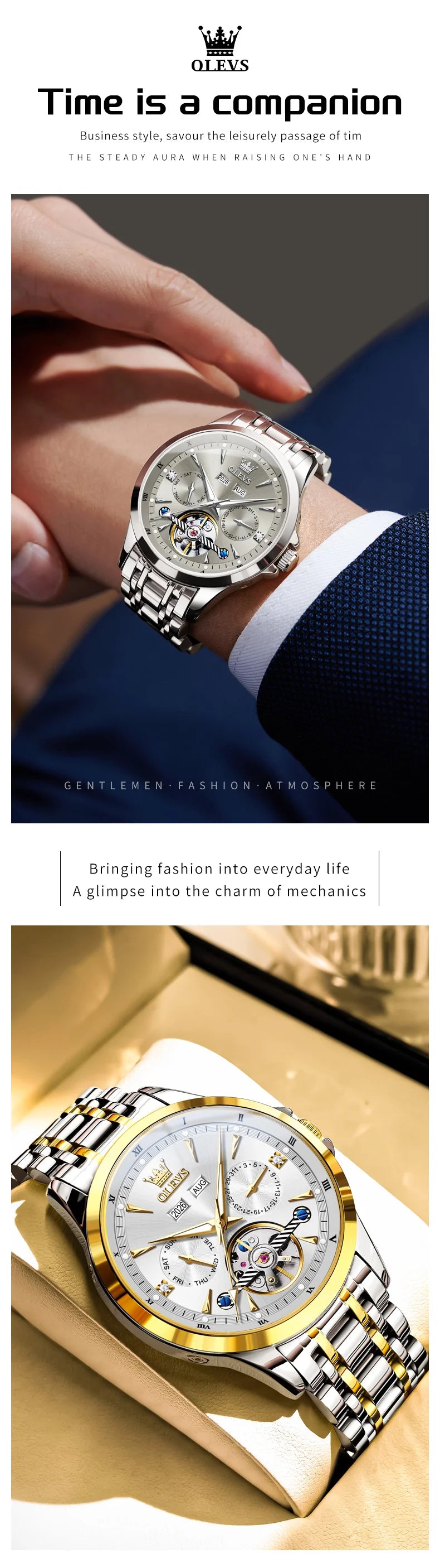 OLEVS Automatic Man Watch Skeleton Flywheel Luxury Original Mechanical Wristwatch Waterproof Stainless Steel  Men's Watches 7091