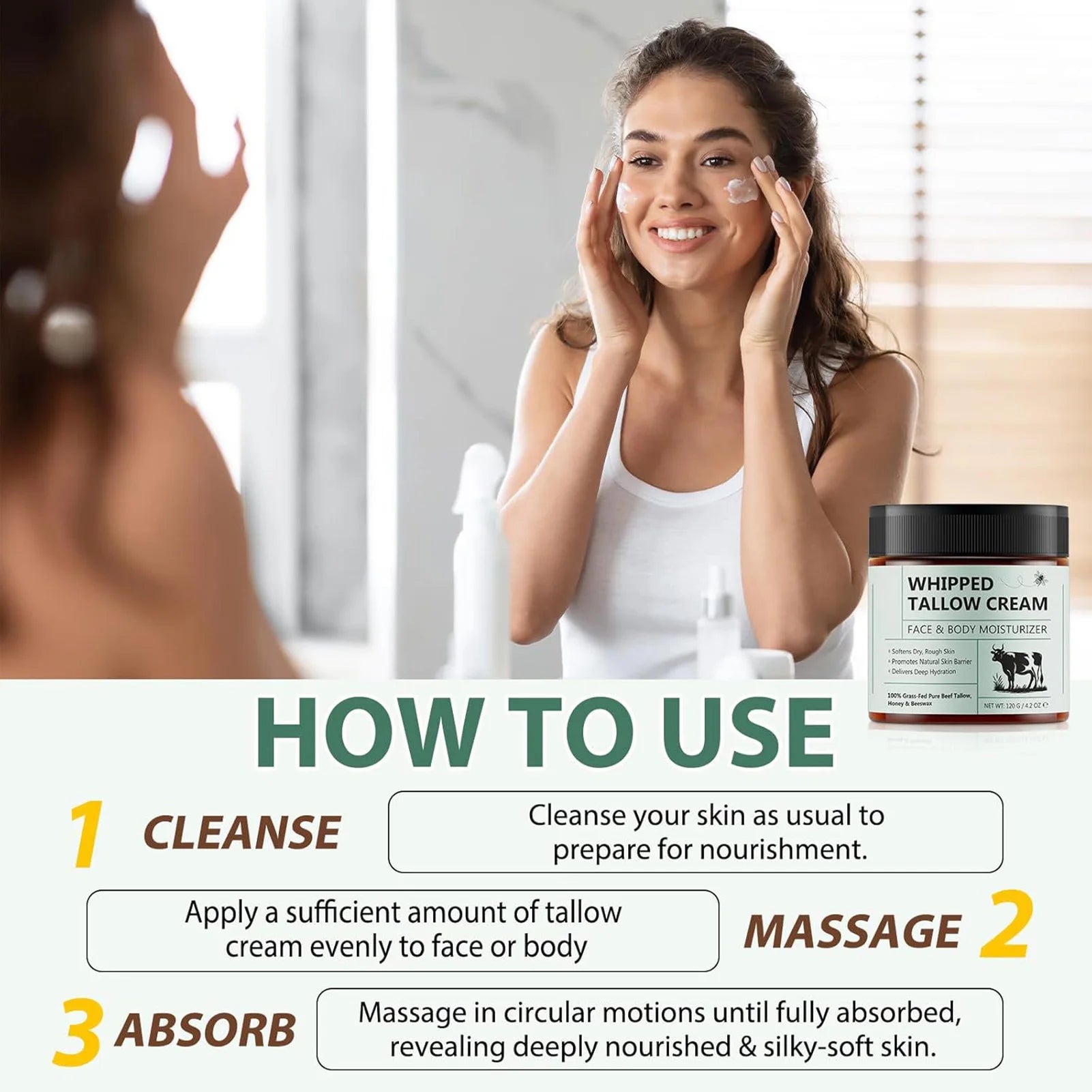 120g Tallow Face Moisturizer Organic-Grass Fed Whipped Beef Tallow with Honey Beeswax Deeply Moisturizing for Face Body