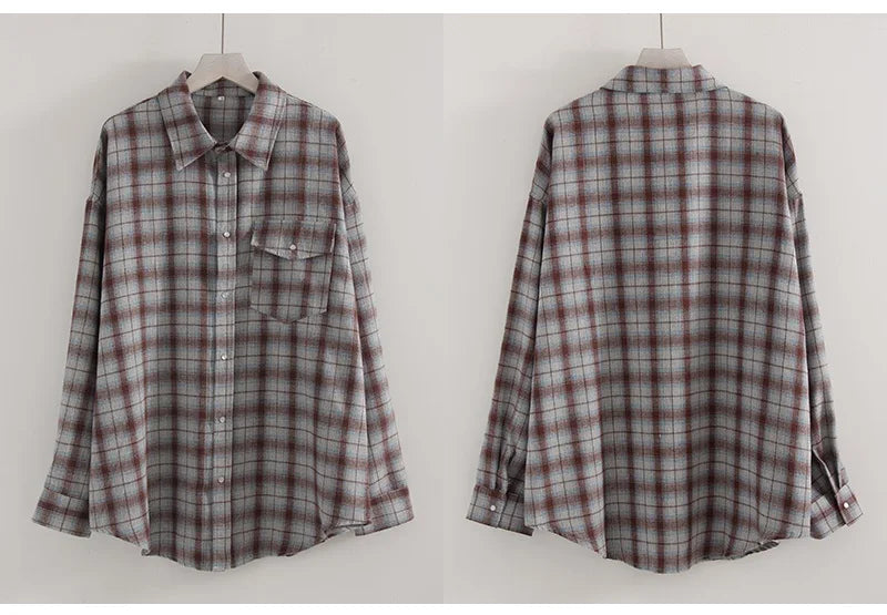 Streamgirl Oversized Plaid Shirt Women 2026 Spring Loose Vintage Long Shirts Full Sleeve Women Plaid Brown Oversized Shirt Blue