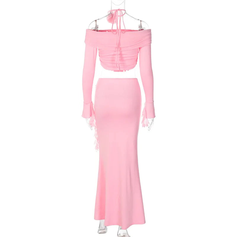 TARUXY Flower Bodycon Skirt Sets Women Slim Sexy Backless Lace Up Tops Women's Party Elegant Dress 2 Piece Womens Suits Outfits
