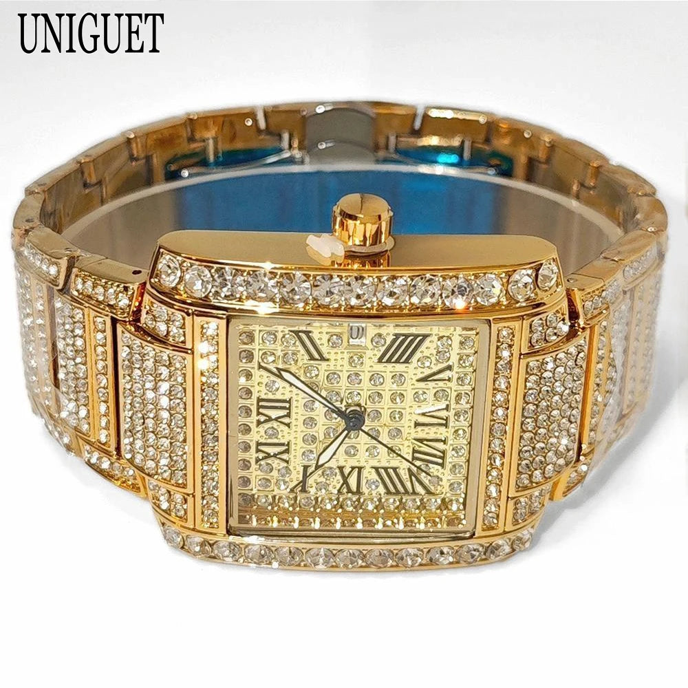 UNIGUET Iced Out Watch For Men Luxury Gold Stainless Steel Quartz Watches Hip Hop Full Diamonds Rectangle AAA Wristwatch Man