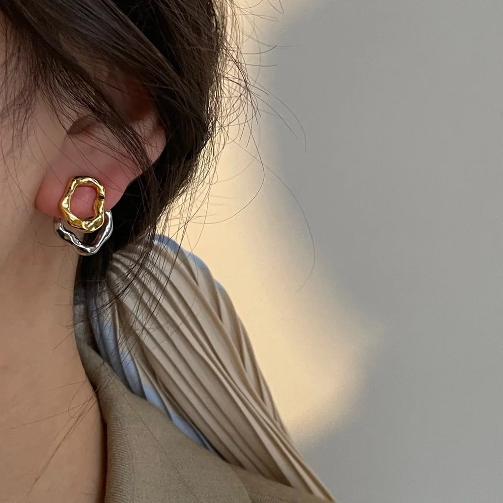 Two-wear Irregular Gold Sliver Colors Circles Bilayer Piercing Post Earring for Women Bicolor Hammered Texture Geometric Jewelry