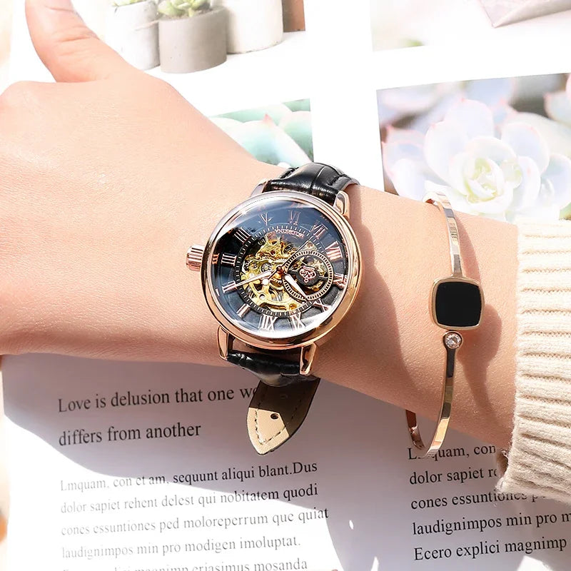 ORKINA Luxury Brand Skeleton Design Waterproof Automatic Mechanical Stainless Steel Mesh Strap Rose Gold Wrist Watch for Women