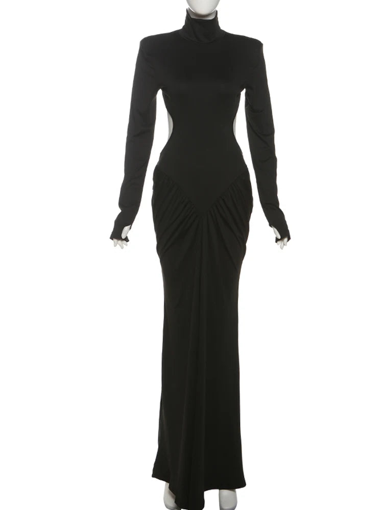 kliou Shirring Sheath Women Maxi Dresses High Street Classic Full Sleeve Straight Shoulder Backless Vestidos Mujer Evening Wear