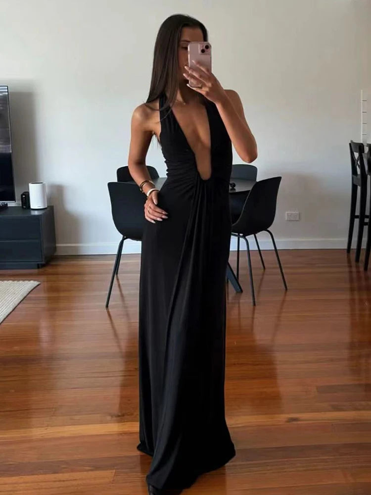 Deep V Neck Halter Long Dress Female Elegant Ruched Ribbon Splice Summer New Vacation Dress Sexy Slim Sleeveless Party Vestido