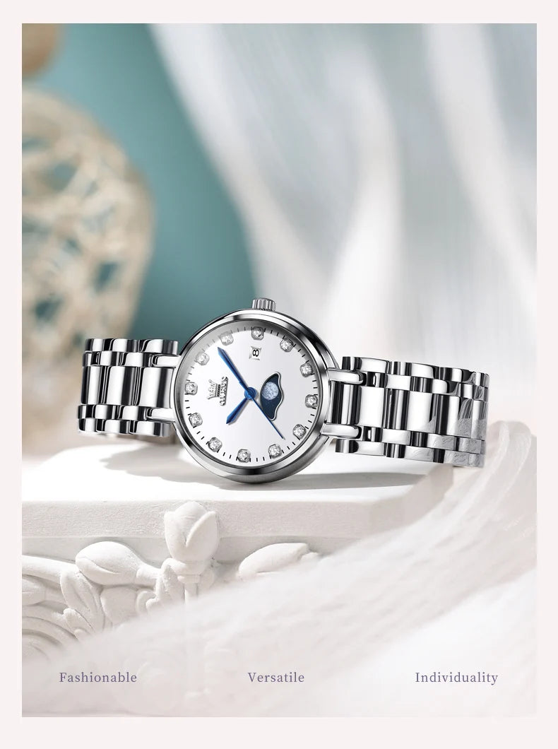 OLEVS Diamond Time Purple Moon Phase Dial Women Watches Luxury Brand New Fashion Women Quartz Watch Steel Waterproof Dress Watch