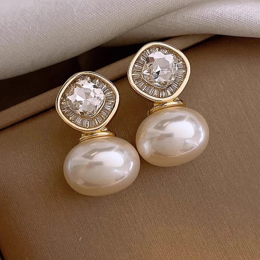 DREJEW Retro Diamond Zircon Pearl Earrings for Women Fashion Simple Temperament 2025 Korean Luxury Designer Jewelry Gifts