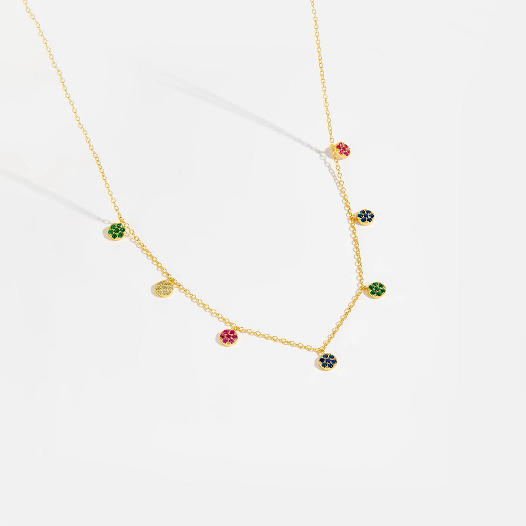 ANDYWEN 925 Sterling Silver Gold Colorful Zircon Crystal Round Flower Charms Pendant Choker Necklace Long Chain Women Fine Jewer