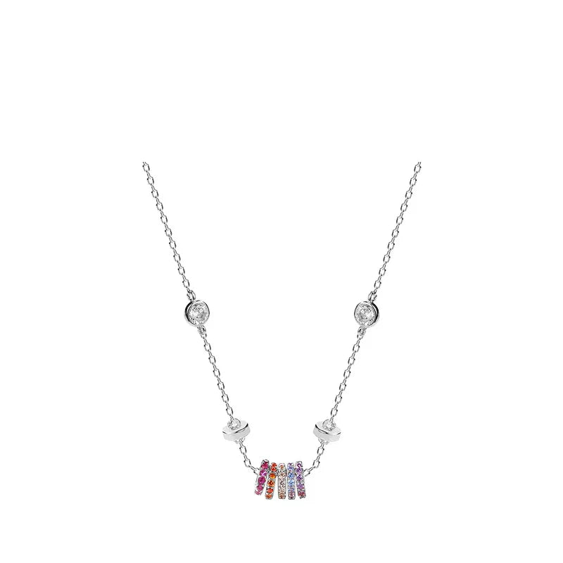 Real Money 925 Sterling Silver Women's Necklace Korean Rainbow Colorful Small Circle Pendant Necklace Wedding Party Jewelry Gift