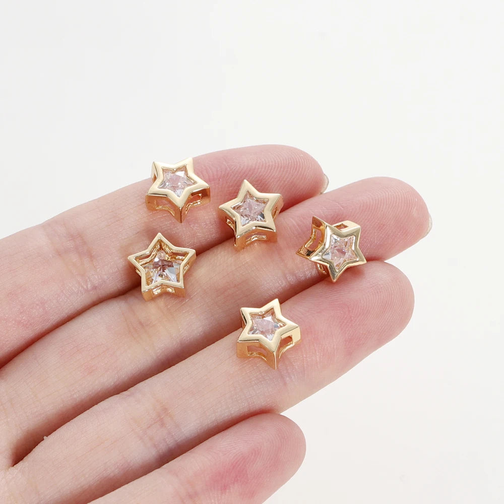 2/4/6pcs 18K Gold Plated Rhinestone Heart Pentagram Beads Brass Metal Cubic Zirconia Spacer Beads DIY Jewelry Making Accessories