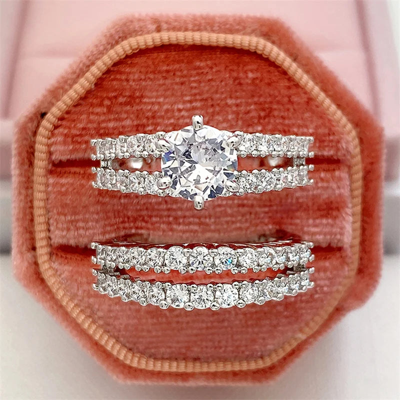Huitan Trendy Hollow Set Rings Full Bling Iced Out CZ Stone Luxury Women Wedding Engagement Rings 2Pcs Set Jewelry Drop Shipping