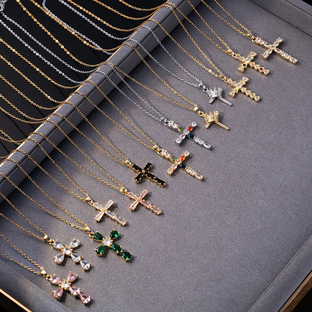 Cool Luxury Shiny Zircon Cross Pendant Necklaces for Women Men Fashion Stainless Steel Chains Collar Jewelry Accessories Gift