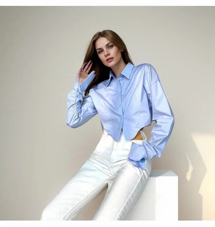 Zadily Summer 2025 Korean Style Long Sleeve White Shirt Sexy Button Detail Crop Top Women's Streetwear Blouse Female Clothing