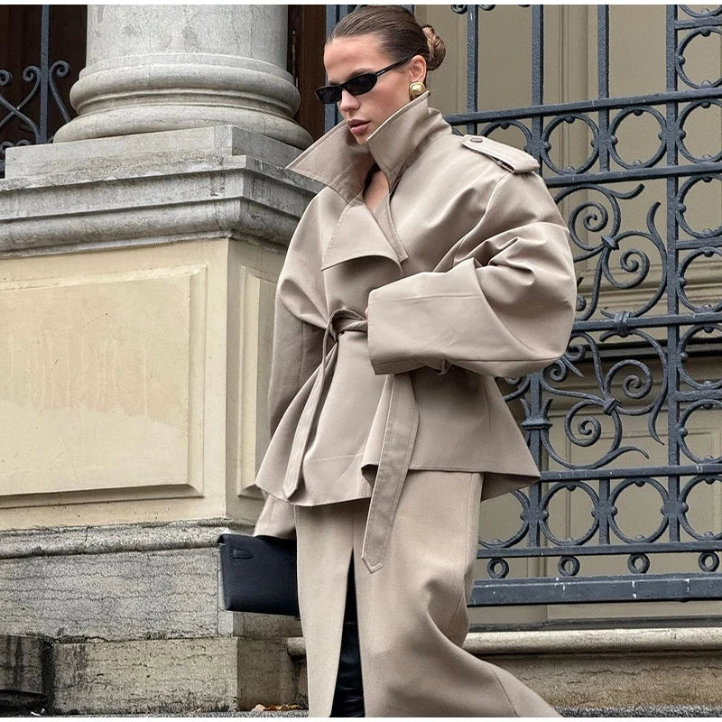 Casual Loose Jackets Women Lapel Long Sleeves Belt Double Breasted Short Windbreaker 2025 Spring Fashion Chic Streetwears Lady