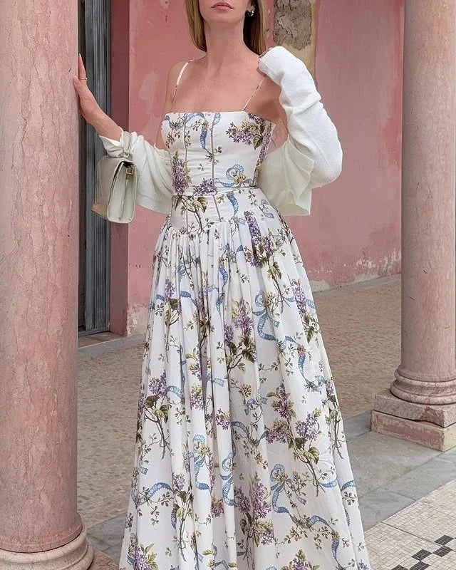 Oligai Floral Print Midi Sundress Elegant Spaghetti Strap Flowy Dress Aussie Summer Women Boho Chic Beach Dress