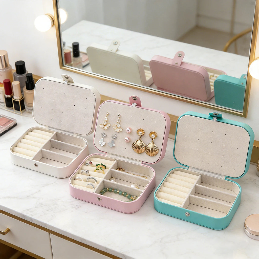 Portable multi-compartment jewelry box with velvet lining - travel-friendly pink accessory storage box