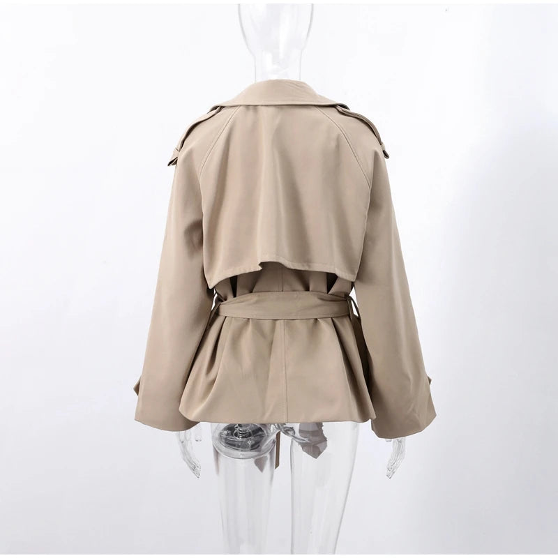 Casual Loose Jackets Women Lapel Long Sleeves Belt Double Breasted Short Windbreaker 2025 Spring Fashion Chic Streetwears Lady