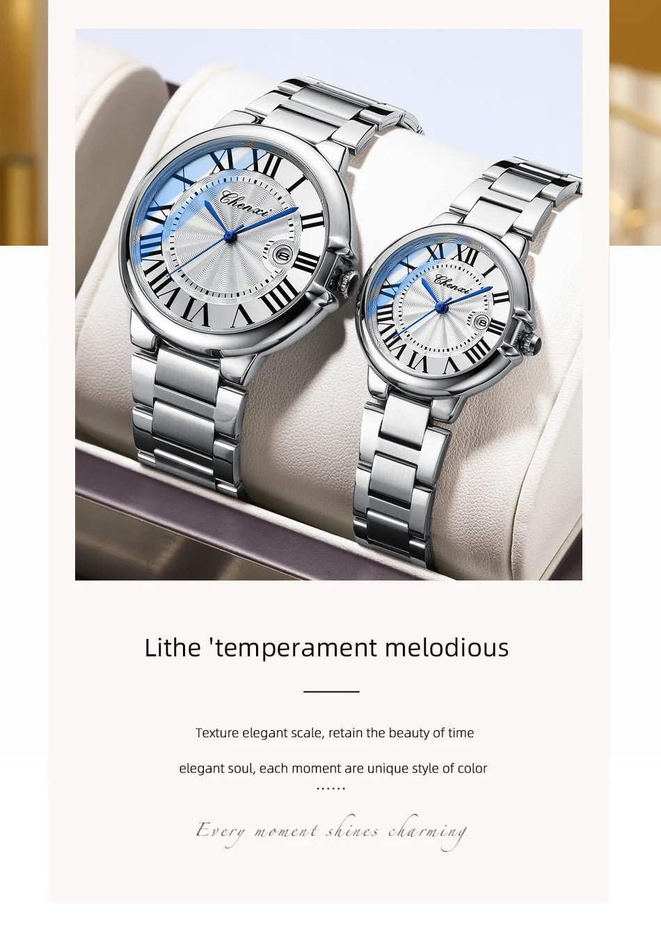 CHENXI 039 Couple Exquisite Watch Quartz Top Brand Luxury Fashion Stainless Steel Silver White Male and Female Couple Watch Gift