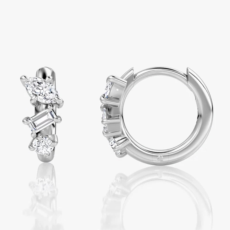 Lnkry 14K Gold Filled Three Stone Huggie Earring Sparkling Marquise/Round/Rectangular Cut Moissanite Hoop Earrings For Women