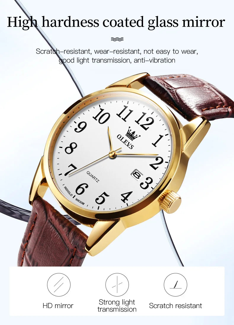 OLEVS 5566 Fashion Quartz Watch for Men and Women Leather Strap Waterproof Original Watch Arabic Numeral Scale Giving to Elders