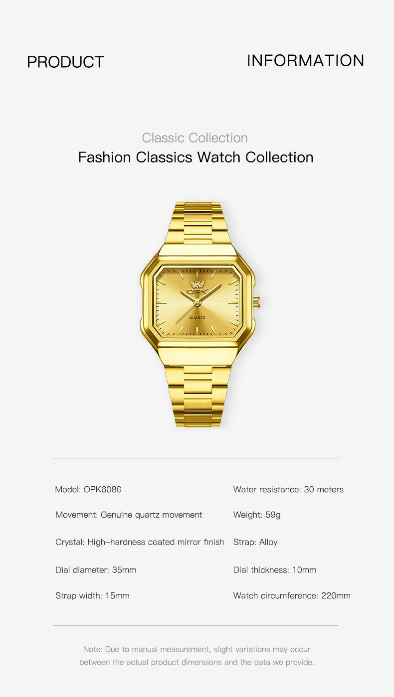 OPK 6080 Classic Fashion Ladies Quartz Watch Retro Square Dial Adjustable Strap Stainless Steel 30m Waterproof Watch For Women