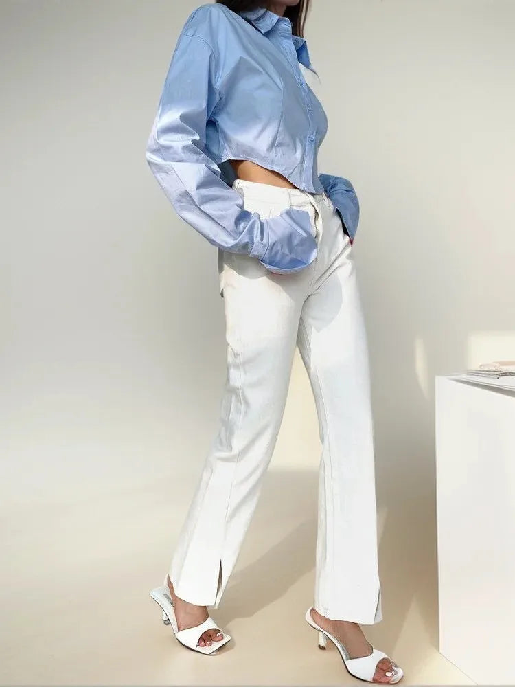 Zadily Summer 2025 Korean Style Long Sleeve White Shirt Sexy Button Detail Crop Top Women's Streetwear Blouse Female Clothing