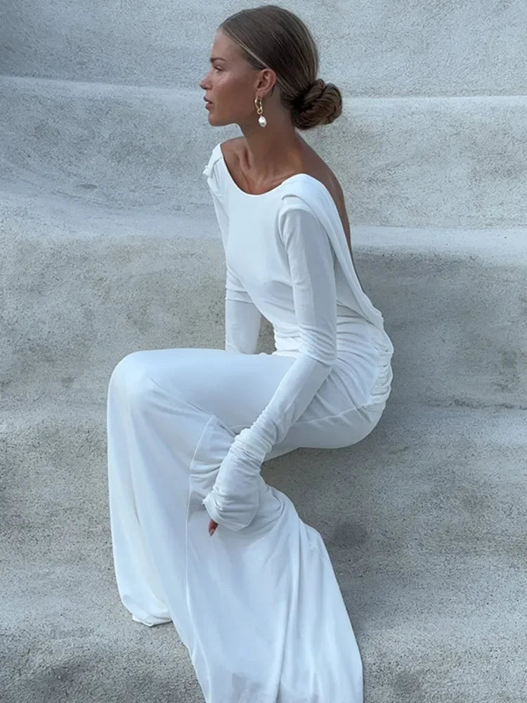 Chic Backless White Long Sleeved Slim Fit Dress for Women Pleated Elegant Round Neck Long Dresses 2024 New Female Evening Gowns