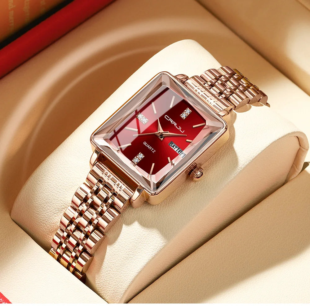 CRRJU Waterproof Women's Square Quartz Dress Watch Ladies Steel Bracelet Wristwatch with Date Relogio Feminin