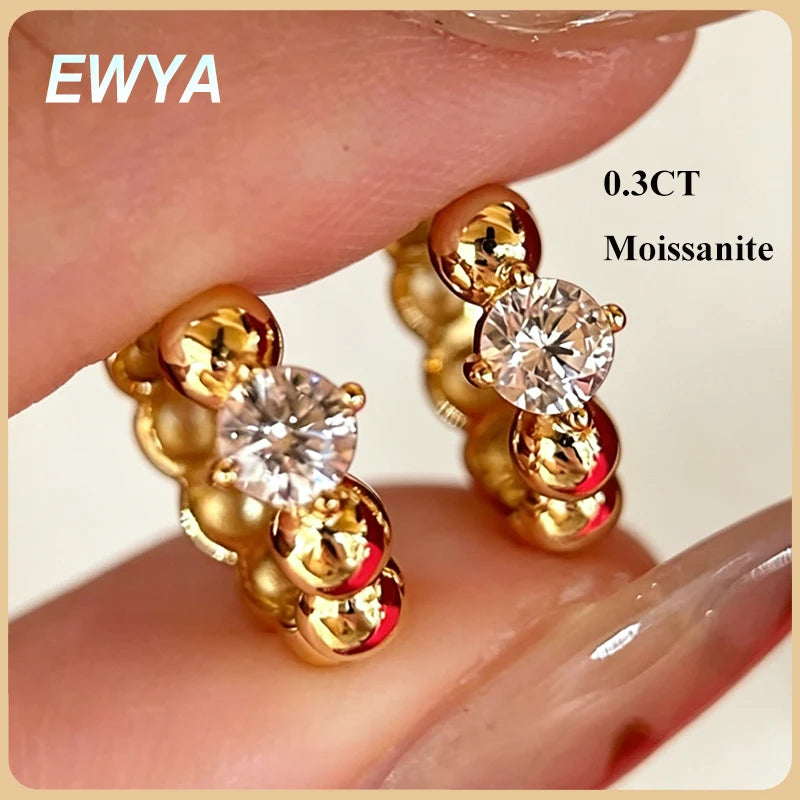 EWYA Dainty 0.3CT Round Cut D Color Moissanite Huggie Hoop Earrings for Women S925 Silver Minimalist Buckle Ear Fine Jewelry