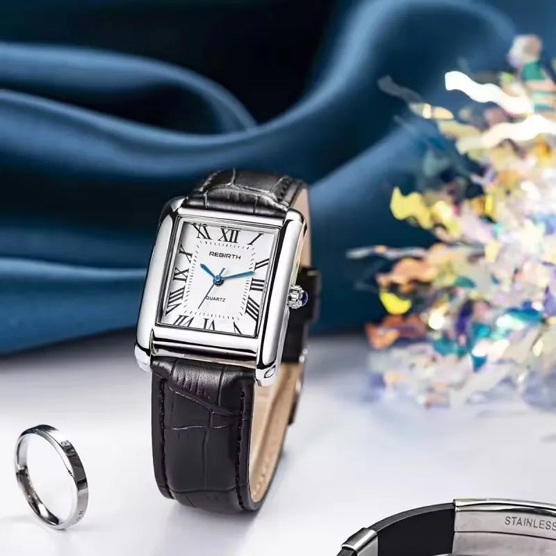 REBIRTH 002 Elegant Women's Quartz Watch Simple Square Dial Leather Strap Waterproof Women's Business Watches relojes de mujer