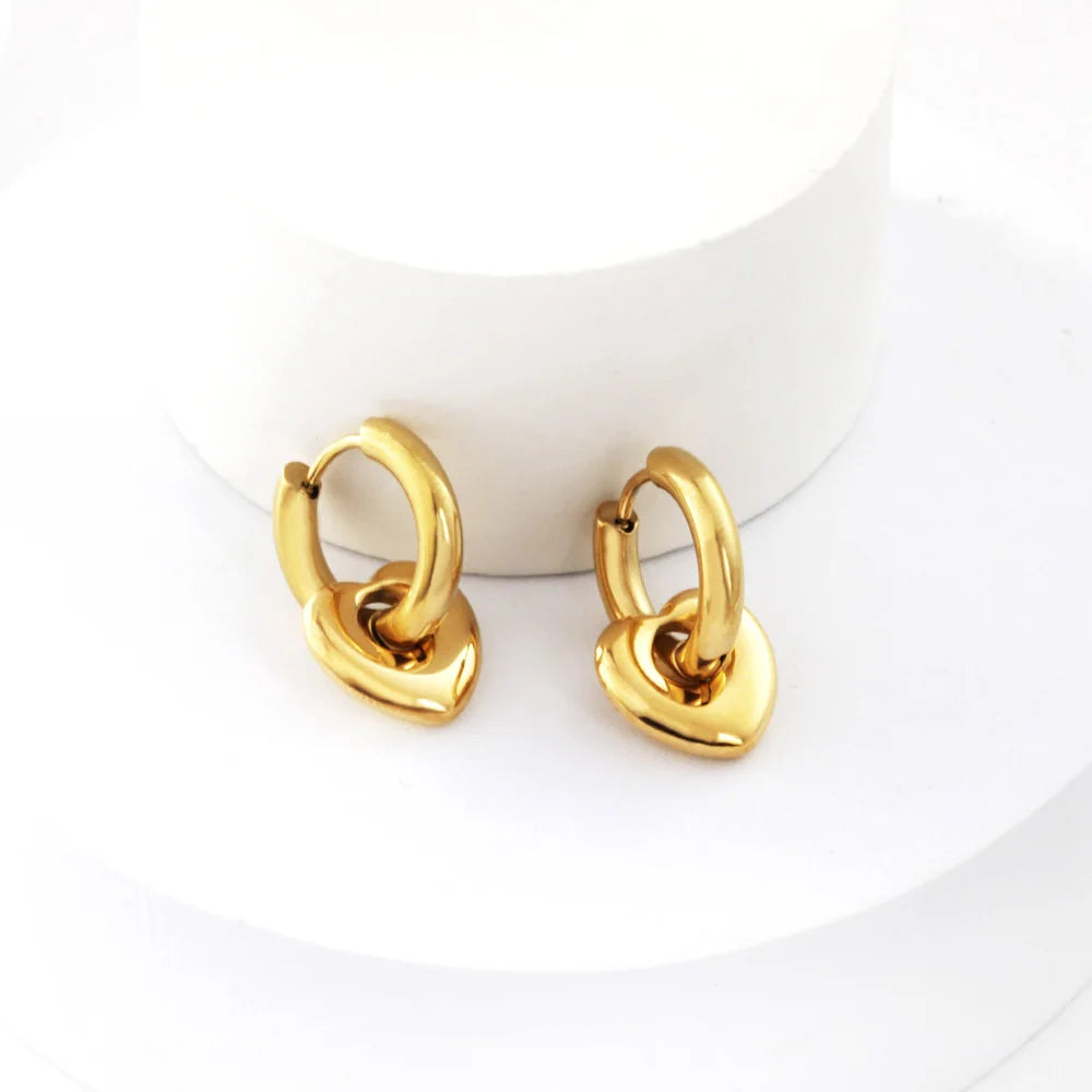 LUXUSTEEL Heart Pendant Huggie Earrings For Women Golden Plated Stainless Steel Hoops With Charm Drop Earrings Korea Jewelry